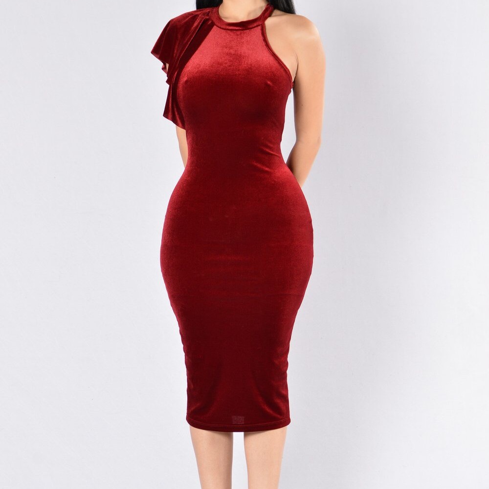 Fashion Nova Ruffled Velvet Dress Burgundy